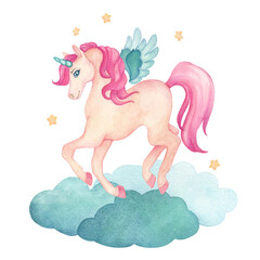 Watercolor illustration of a cute jumping unicorn with wings on clouds with stars in pink and...