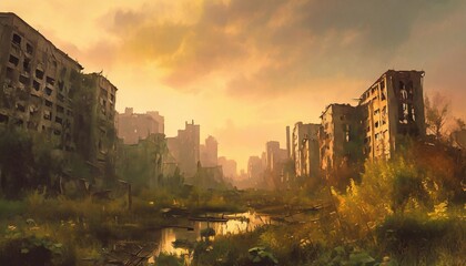 Fototapeta na wymiar post apocalyptic city dystopic overgrown buildings banner format digital painting