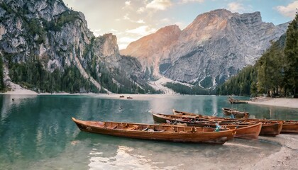 lake braies also known as pragser wildsee or lago di braies in dolomites mountains sudtirol italy romantic place with typical wooden boats on the alpine lake hiking travel and adventure - obrazy, fototapety, plakaty