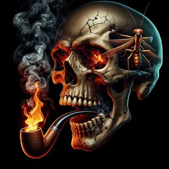 skull with mouth smoking using cigarette pipe, red eyes, mantis on top of skull - version 3 - obrazy, fototapety, plakaty