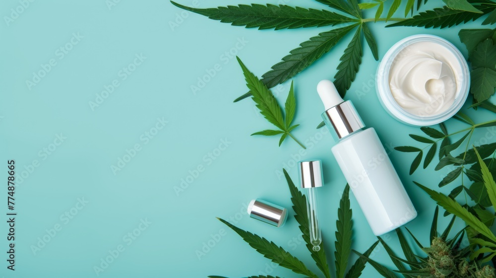 Sticker cannabis leaf and cosmetic product balm on table