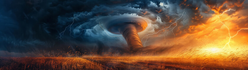 Dramatic mixed media landscape sunset storm with tornado and sheet lightning in countryside - obrazy, fototapety, plakaty