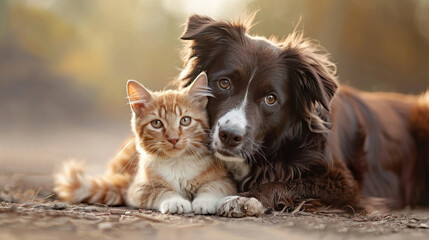 Dog and cat in playful harmony, capturing a moment of joyful connection - obrazy, fototapety, plakaty