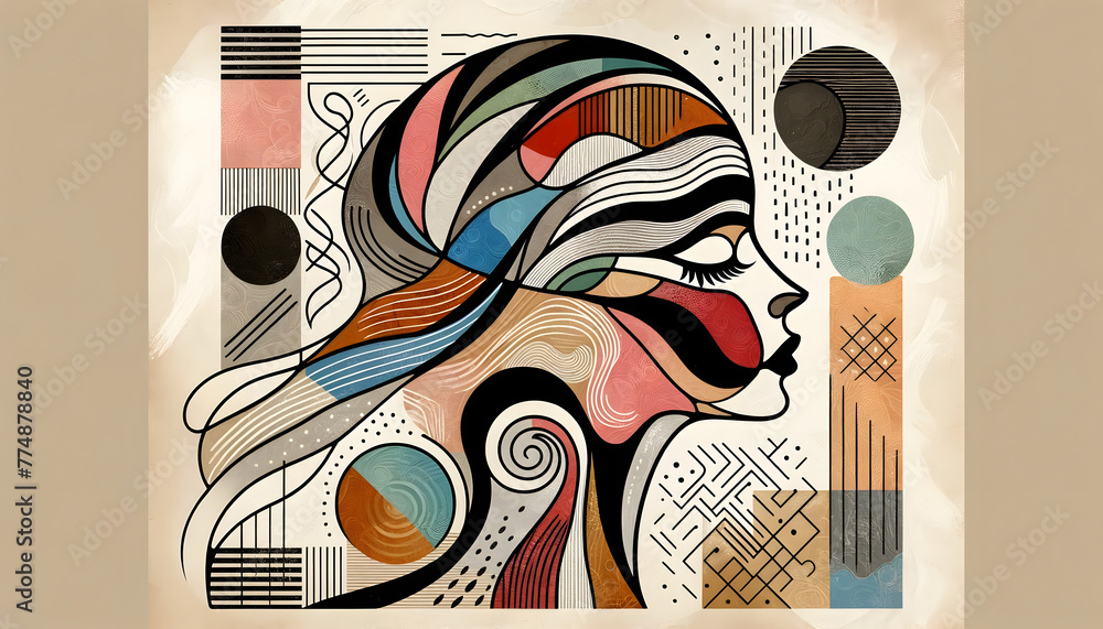 Poster an abstract collage that features a stylized female face in profile, composed of various textured el