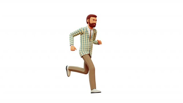 3d Bearded Man Running. Man is energetically running on transparent background. 3d looped animation with alpha channel.