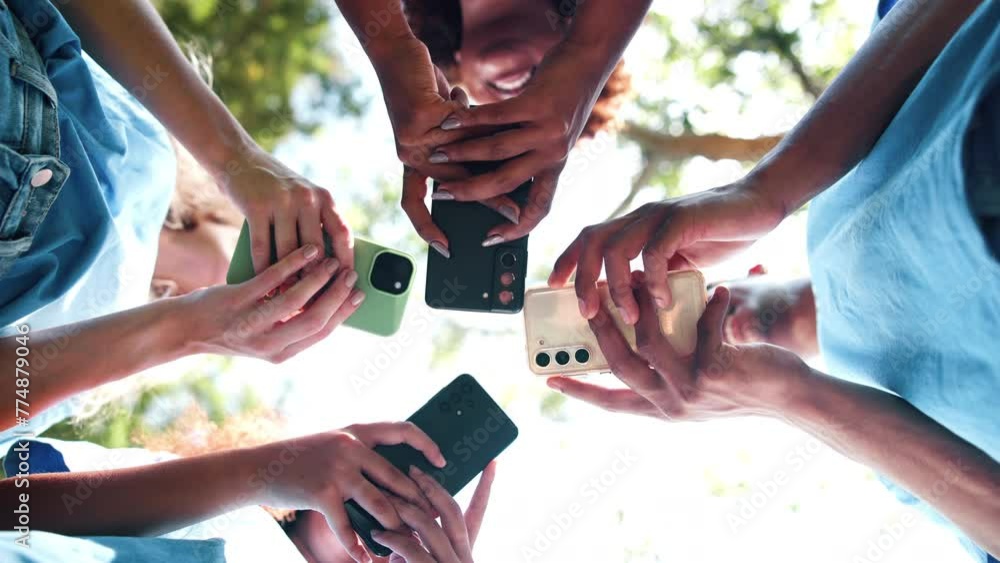 Poster low angle, hands and people with smartphone, outdoor and typing with connection and social media. fr