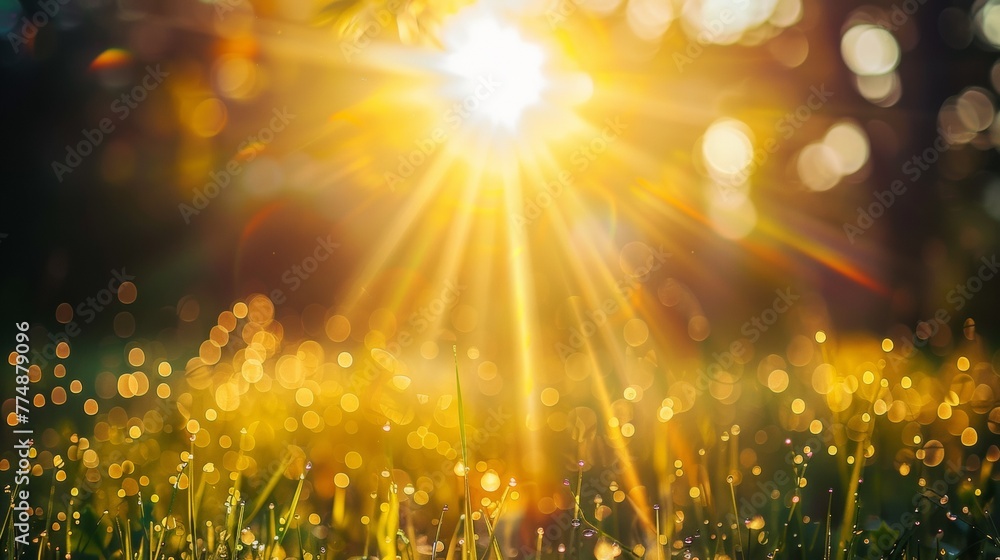 Canvas Prints A close up of a field with sun shining through the grass, AI