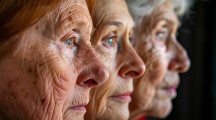 Three elderly women with different colored eyes looking at something, AI