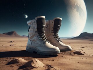 A pair of space boots designed for extraterrestrial exploration against the backdrop of a barren lunar landscape