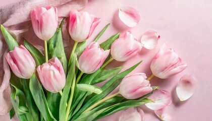 Springtime Elegance: Pink Tulip Bouquet Set Against Pastel Pink