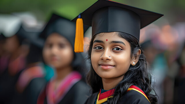 Hindu student girl in a black graduation gown and cap with other graduates in the background