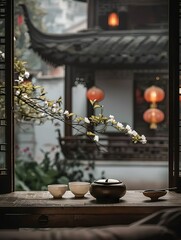 Chinese style tea room, with flowers and lanterns hanging in the background, in a small jiangnan courtyard - obrazy, fototapety, plakaty