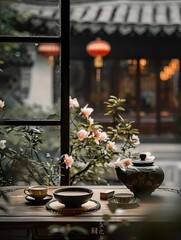Chinese style tea room, with flowers and lanterns hanging in the background, in a small jiangnan courtyard