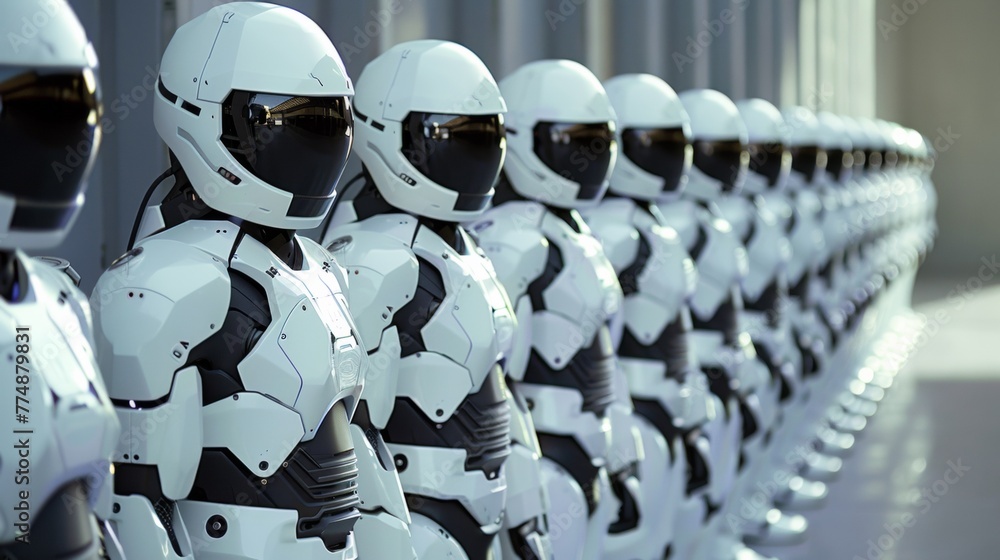 Poster a row of white robots lined up in a line with helmets on, ai