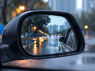 Car rearview mirror close-up, rearview mirror can see the data map, solid color background