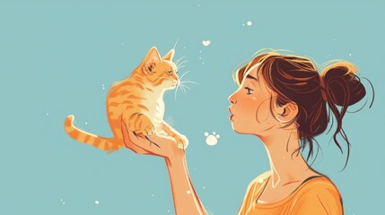 A person is happily playing with cat without allergy with home animal. - obrazy, fototapety, plakaty