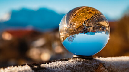Crystal ball alpine winter landscape shot at Wallgau, Garmisch-Partenkirchen, Werdenfelser Land,...