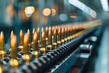 Ammunition assembly line with bullets, shallow depth of field. - obrazy, fototapety, plakaty