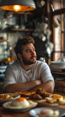 A man with beard leaning over a table of food, AI