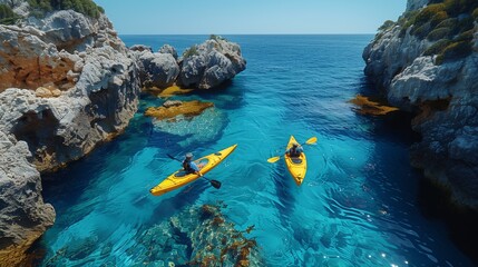 two yellow kayaks on clear blue sea near rocky cliffs under sunny sky