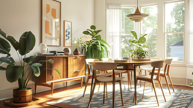 Mid-century modern dining room with large windows, a wooden table, and chairs. The room is decorated with plants and a few pieces of art.