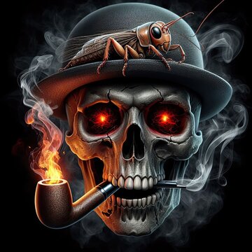 skull with mouth smoking using cigarette pipe, red eyes, cricket on top of skull - version 1