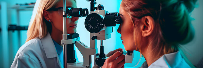 Optometrist using phoropter during eye exam on female patient. - obrazy, fototapety, plakaty