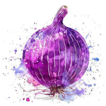 Dynamic watercolor illustration of a purple onion with energetic splashes of color