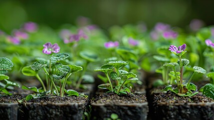 A kind of technique of seed starting employing cubes of soil to hold seeds for air pruning with statice seedlings in soil blocks and space, Generative AI.