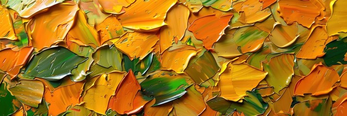 Abstract closeup of vibrant orange and green autumn leaves, inspired by the style of Van Gogh, impressionist oil painting