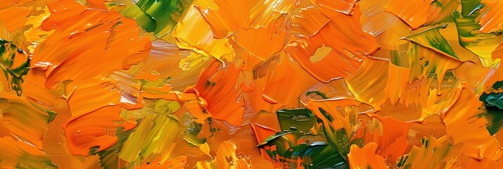 Abstract closeup of vibrant orange and green autumn leaves, inspired by the style of Van Gogh, impressionist oil painting - obrazy, fototapety, plakaty