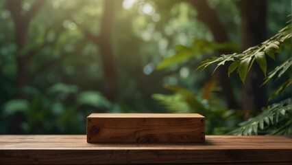 Wooden Showcase Podium Soft Leaves Background, 3D Render