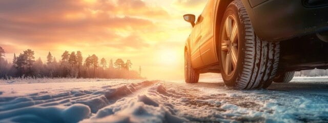 winter driving on icy road close up of vehicle car transport tire in snow background landscape - obrazy, fototapety, plakaty