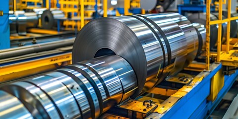 Steel Tile Fabrication Workshop. State-of-the-art slitting machines cutting steel coils to exact widths for tile production.