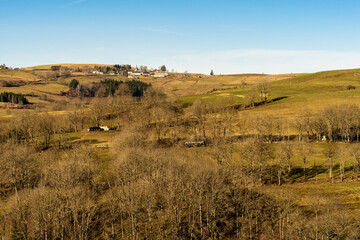 Obraz premium Le village de Marcenat sur les contreforts du Sancy : un hiver sans neige, Marcenat, Cantal, Auvergne, France