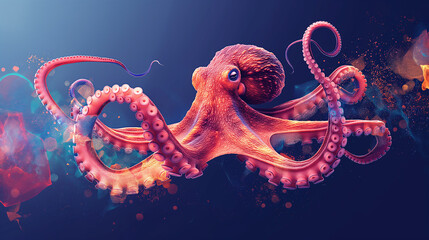A stunning octopus floats gracefully in a vibrant underwater world, its tentacles spread out in a display of its magnificent adaptability and beauty background banner - obrazy, fototapety, plakaty