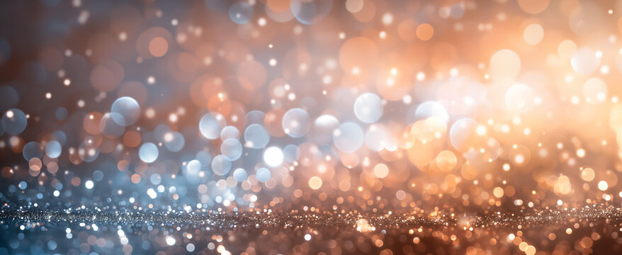 An abstract background featuring a glistening bokeh effect with shimmering particles and glittering lights, conveying a sense of celebration or cosmic space banner.
