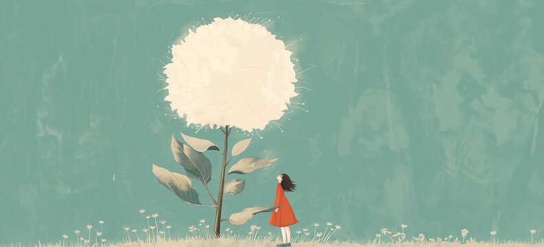 In this whimsical illustration, a young girl in a red dress stands admiring a surreal, oversized dandelion in a serene field..