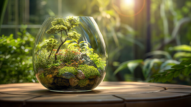 A delicate miniature forest terrarium captures a tranquil natural scene within a clear glass vessel, bathed in the warm, dappled sunlight of a peaceful conservatory