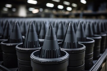 Many new warheads in military warehouse, metal ammunition being secured in weapons factory