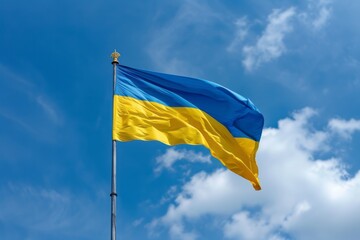 Large Ukrainian flag waving in the wind against sunny blue sky background