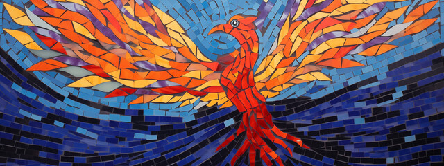 Colorful Mosaic Artwork of a Phoenix in Flight