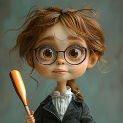 Cartoon character little girl wearing glasses with a baseball bat in her hands - 774883252