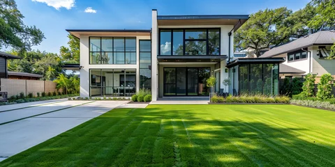 Fototapeten modern house with garden, A modern suburban home with clean lines, a manicured lawn, and large windows showcasing the interior's spacious and inviting layout, offering a comfortable and contemporary  © Your_Demon