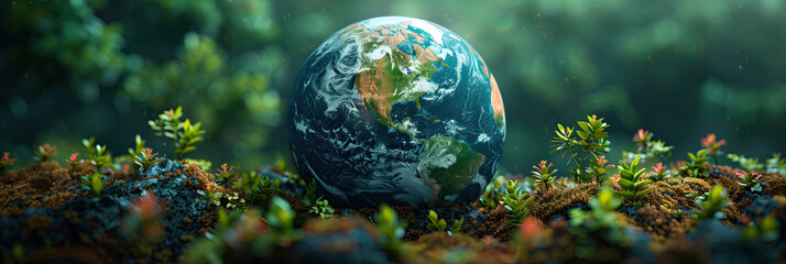 Earth crystal glass ball on a flowering field. Earth day concept. - 774883429