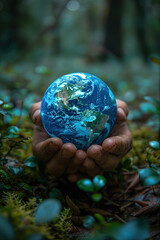 Earth crystal glass ball on a flowering field. Earth day concept. - 774883459