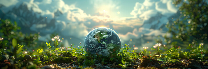 Earth crystal glass ball on a flowering field. Earth day concept. - 774883481