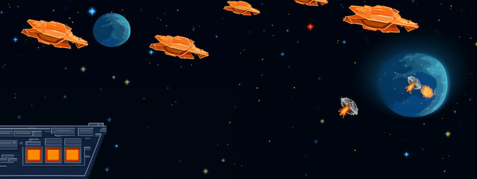 Futuristic Space Battle Scene with Orange Fighter Ships