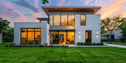 Foto op Plexiglas A modern suburban home with clean lines, a manicured lawn, and large windows showcasing the interior's spacious and inviting layout, offering a comfortable and contemporary living environment  © Your_Demon