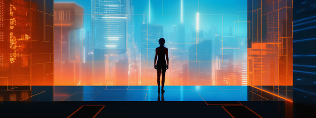 Futuristic Cityscape in Blue with Silhouette of a Woman